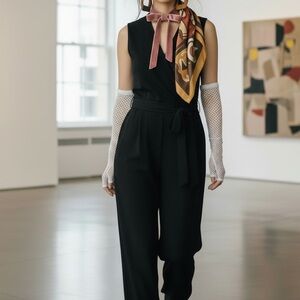 Lacoste Wool Black Wrap Jumpsuit NWT Wide Leg Sleeveless Old Money Quiet Luxury